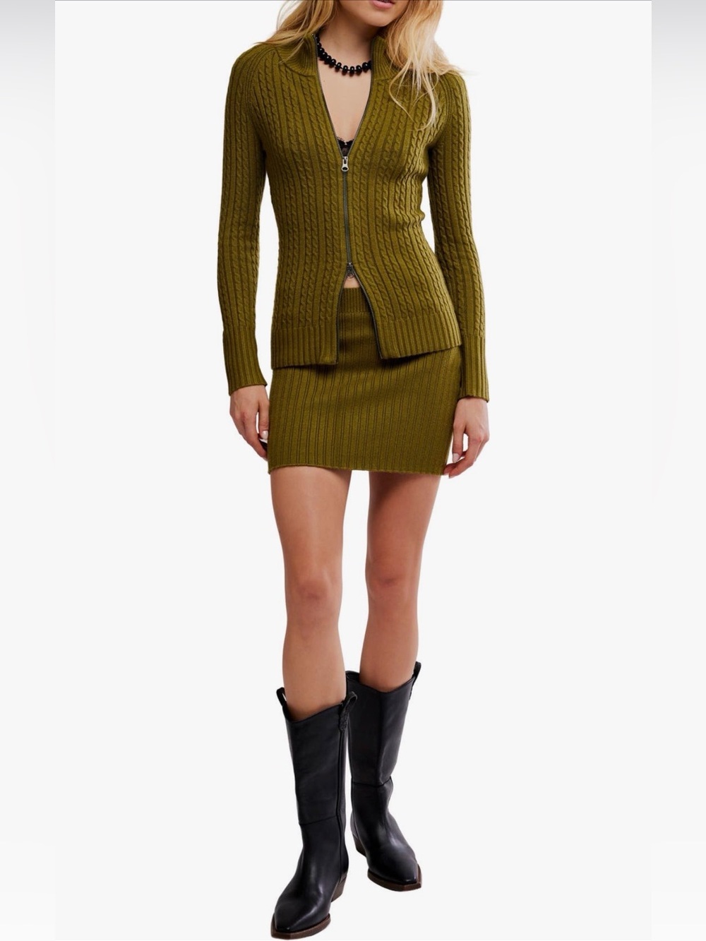 Free People Eliza cable zip-up rib cardigan and miniskirt set